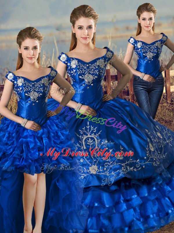 Custom Fit Royal Blue Sleeveless Floor Length Embroidery and Ruffled Layers Lace Up Ball Gown Prom Dress