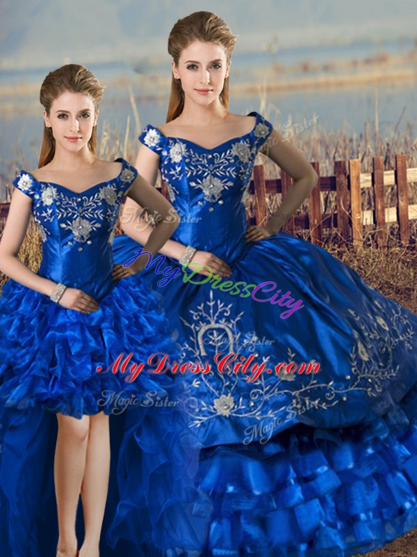 Custom Fit Royal Blue Sleeveless Floor Length Embroidery and Ruffled Layers Lace Up Ball Gown Prom Dress