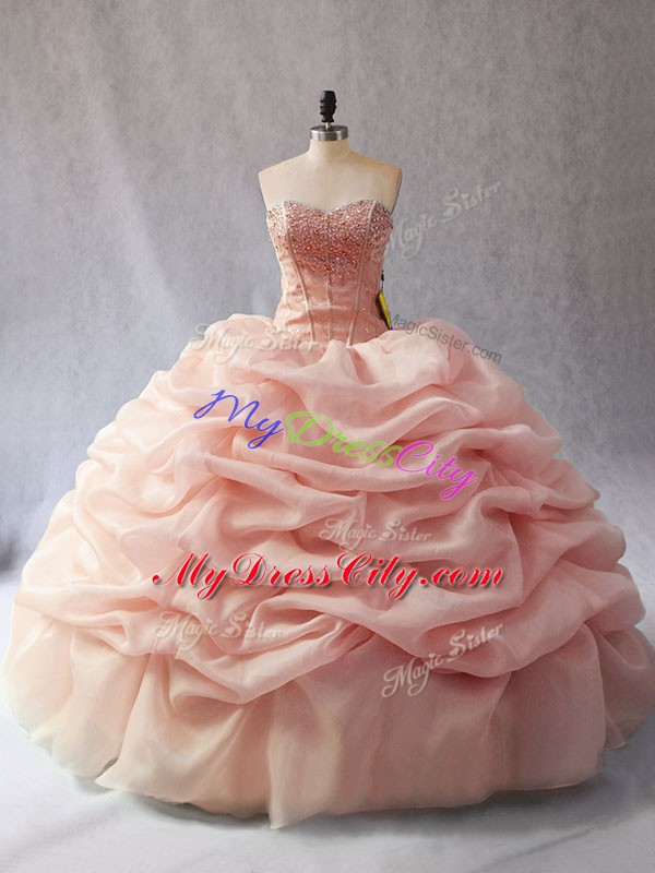 Spectacular Sleeveless Floor Length Beading and Pick Ups Lace Up Sweet 16 Quinceanera Dress with Peach