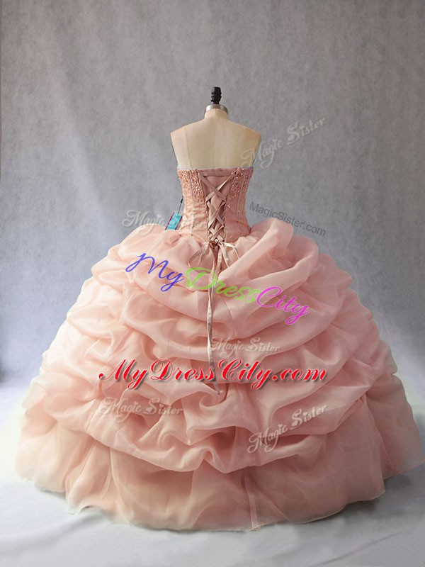 Spectacular Sleeveless Floor Length Beading and Pick Ups Lace Up Sweet 16 Quinceanera Dress with Peach