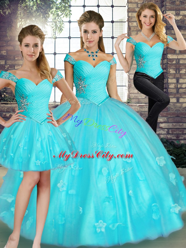 Decent Aqua Blue Quinceanera Gown Military Ball and Sweet 16 and Quinceanera with Beading and Appliques Off The Shoulder Sleeveless Lace Up