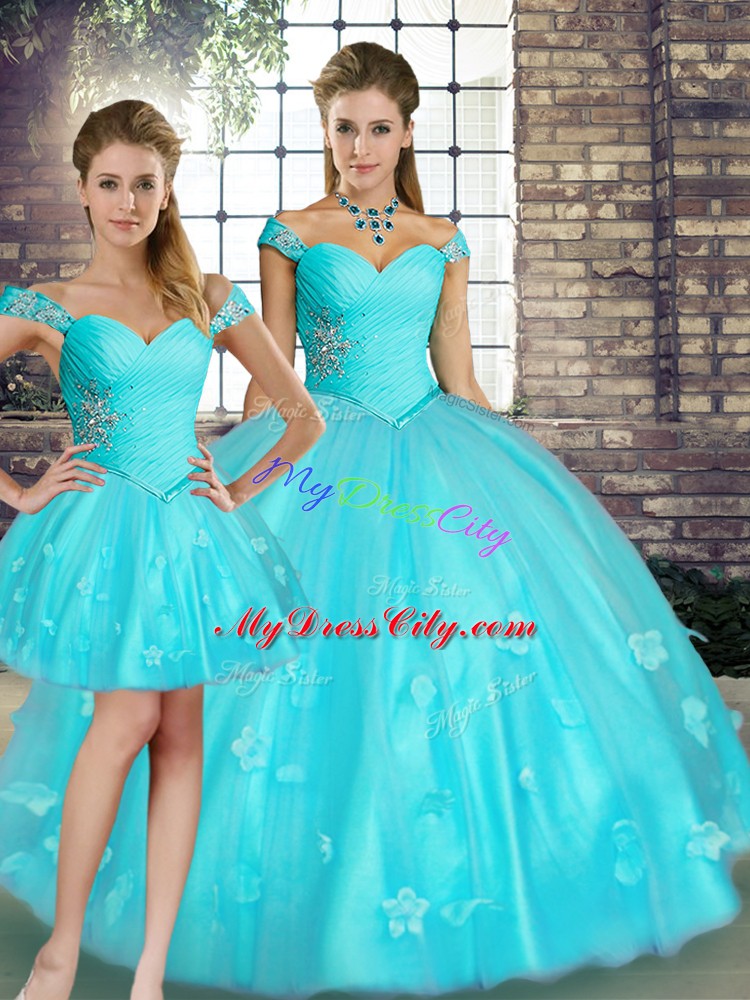 Decent Aqua Blue Quinceanera Gown Military Ball and Sweet 16 and Quinceanera with Beading and Appliques Off The Shoulder Sleeveless Lace Up