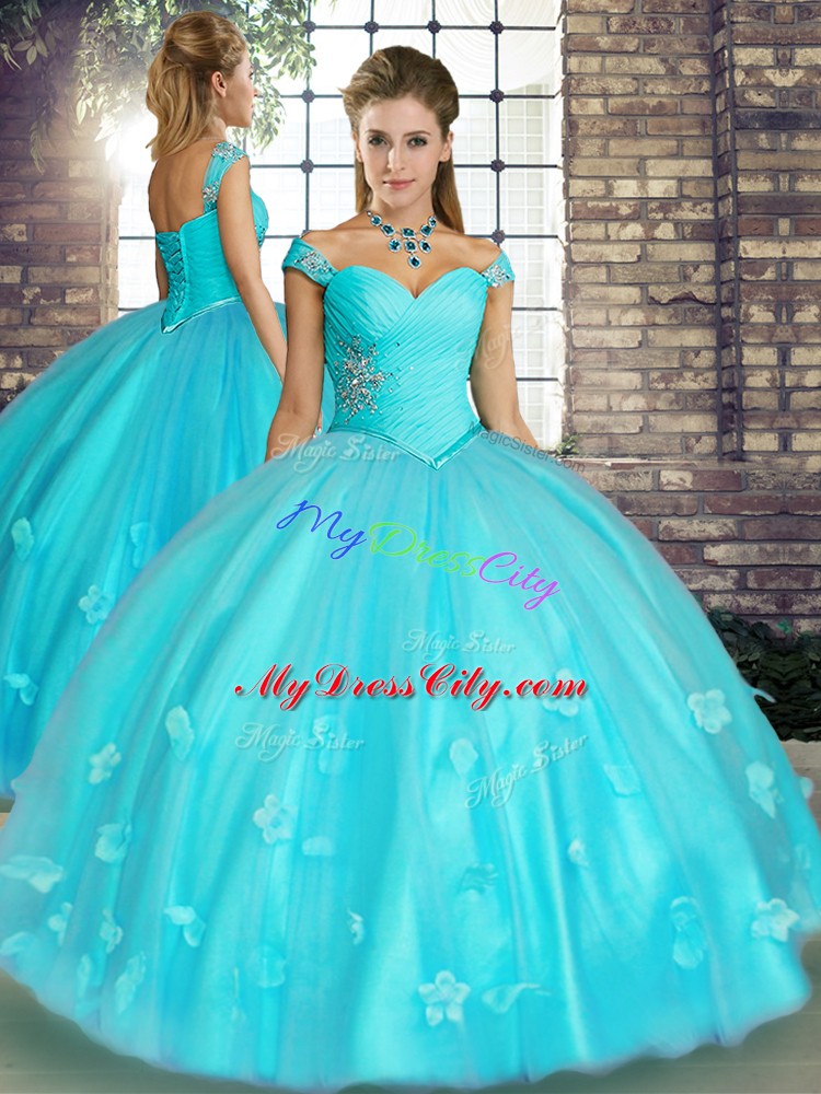 Decent Aqua Blue Quinceanera Gown Military Ball and Sweet 16 and Quinceanera with Beading and Appliques Off The Shoulder Sleeveless Lace Up