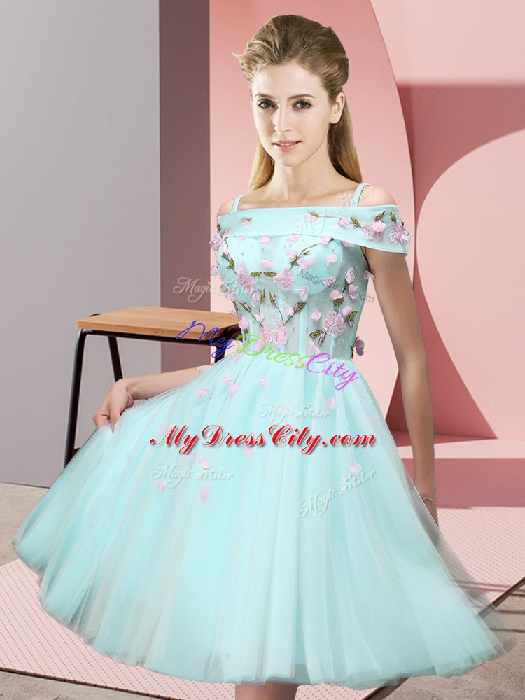 Customized Off The Shoulder Short Sleeves Lace Up Bridesmaid Gown Aqua Blue Tulle