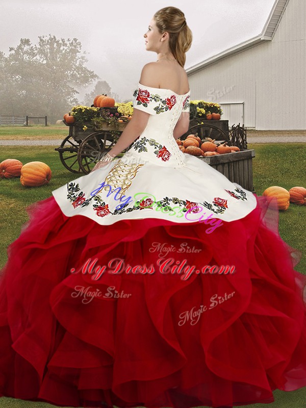 Most Popular Floor Length White And Red Ball Gown Prom Dress Off The Shoulder Sleeveless Lace Up