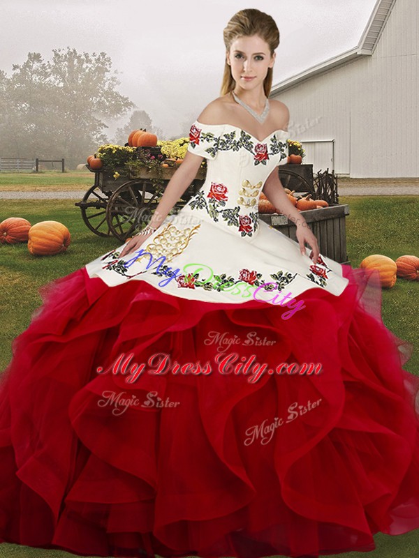 Most Popular Floor Length White And Red Ball Gown Prom Dress Off The Shoulder Sleeveless Lace Up