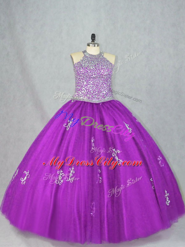 Halter Top Sleeveless Tulle Ball Gown Prom Dress Beading and Appliques Lace Up