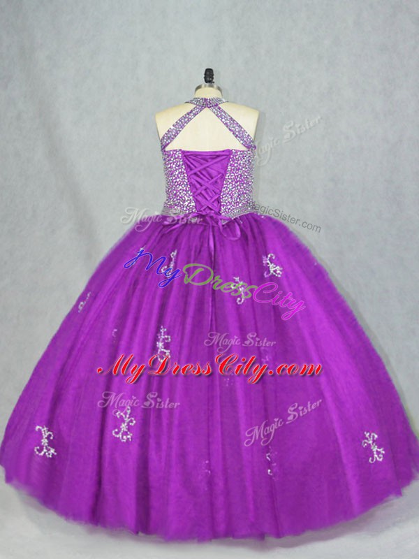 Halter Top Sleeveless Tulle Ball Gown Prom Dress Beading and Appliques Lace Up