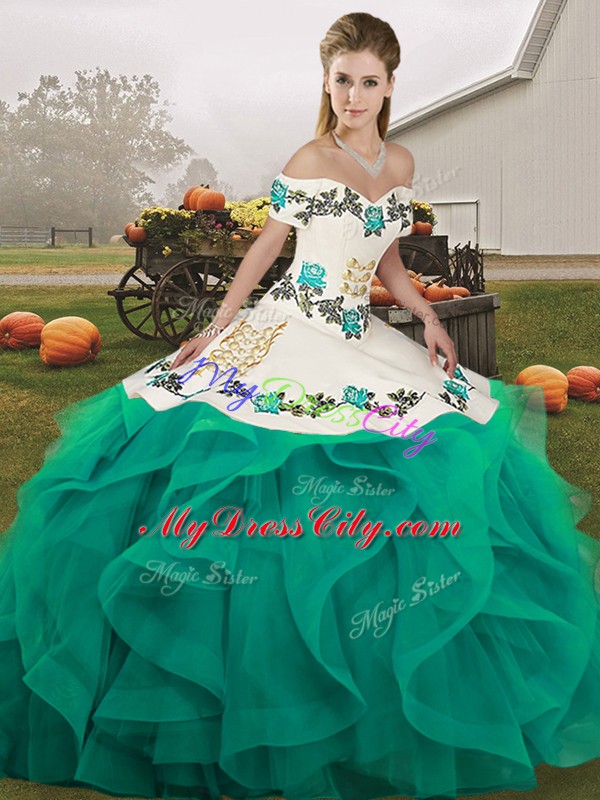 Off The Shoulder Sleeveless Tulle Quinceanera Dresses Embroidery and Ruffles Lace Up