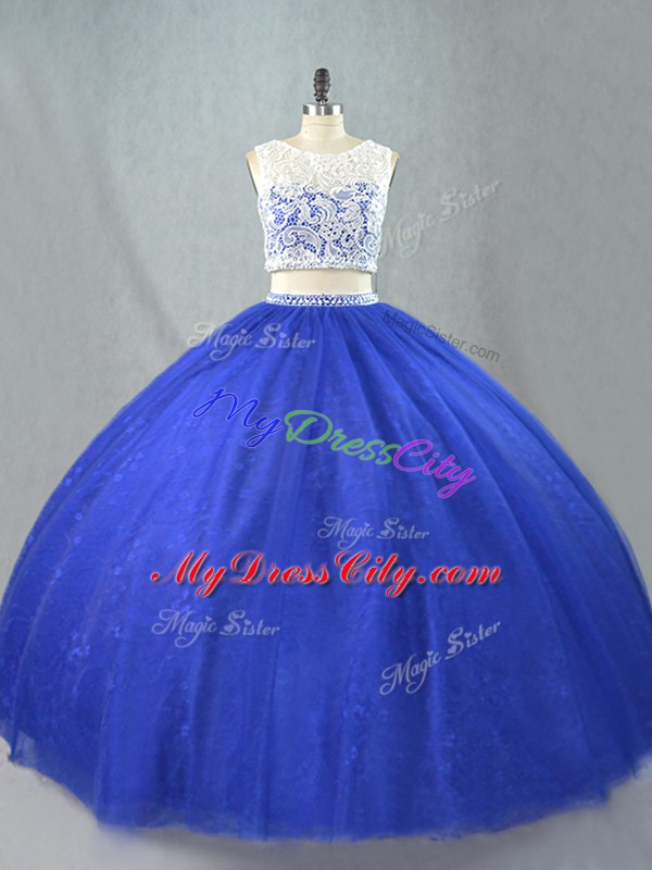 Royal Blue Sleeveless Lace Floor Length Ball Gown Prom Dress