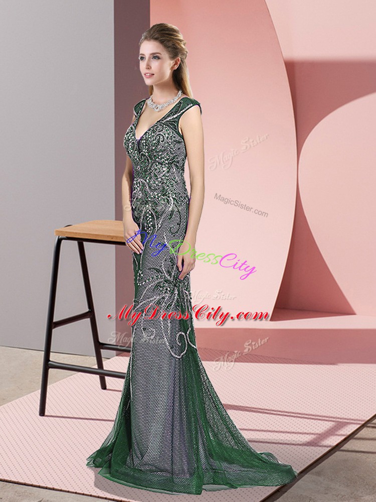 Dark Green V-neck Zipper Beading Evening Outfits Sweep Train Sleeveless