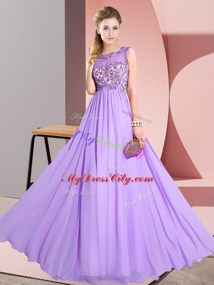 Lavender Sleeveless Beading and Appliques Floor Length Dama Dress