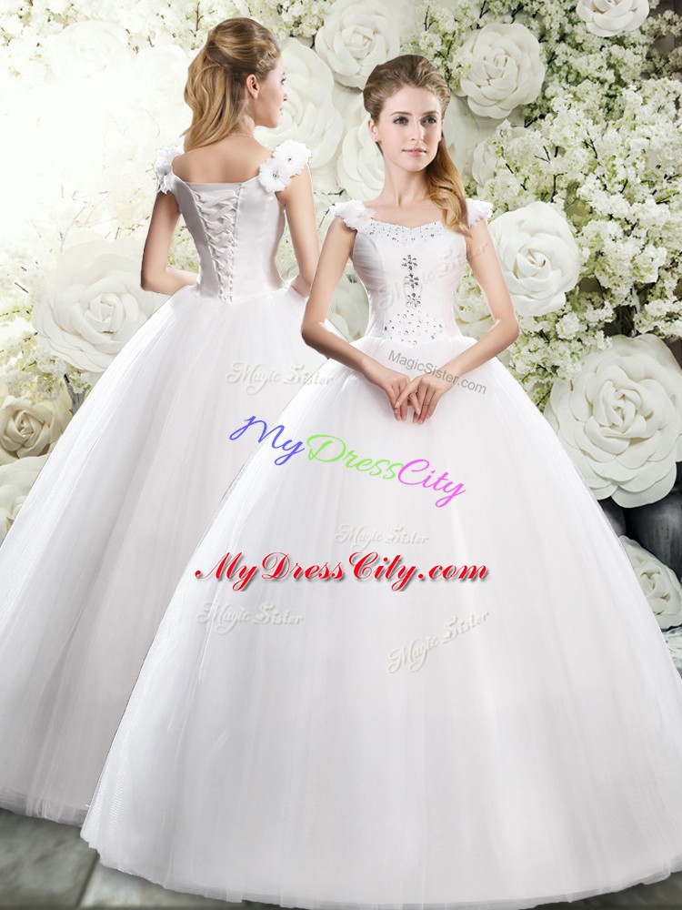 Custom Fit White Lace Up Wedding Gowns Beading and Hand Made Flower Sleeveless Floor Length