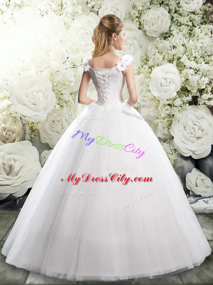 Custom Fit White Lace Up Wedding Gowns Beading and Hand Made Flower Sleeveless Floor Length