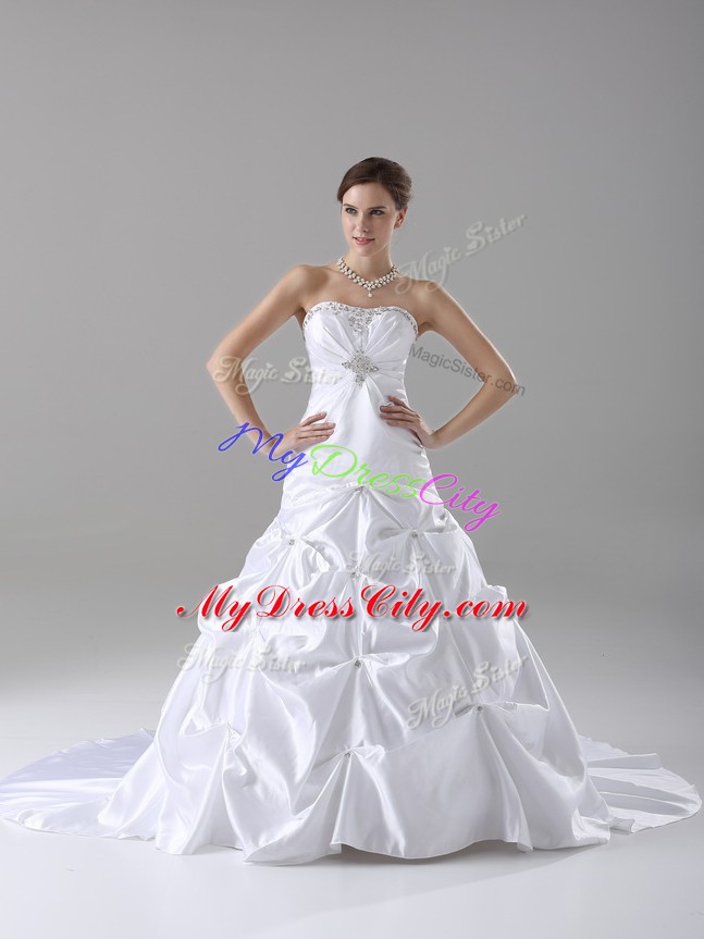 Edgy White Taffeta Lace Up Strapless Sleeveless Wedding Dress Brush Train Beading and Pick Ups