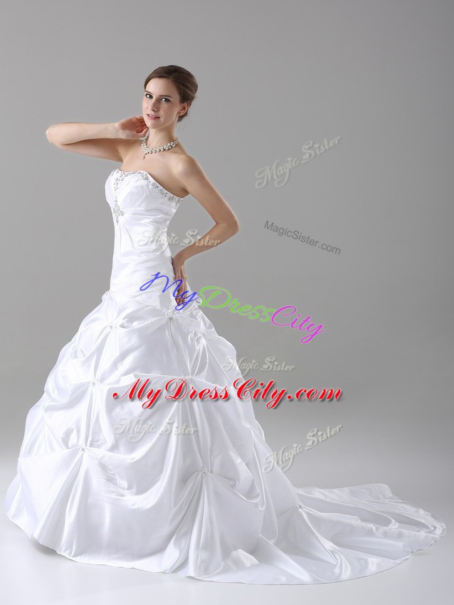 Edgy White Taffeta Lace Up Strapless Sleeveless Wedding Dress Brush Train Beading and Pick Ups