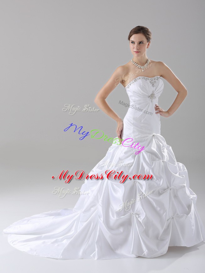 Edgy White Taffeta Lace Up Strapless Sleeveless Wedding Dress Brush Train Beading and Pick Ups