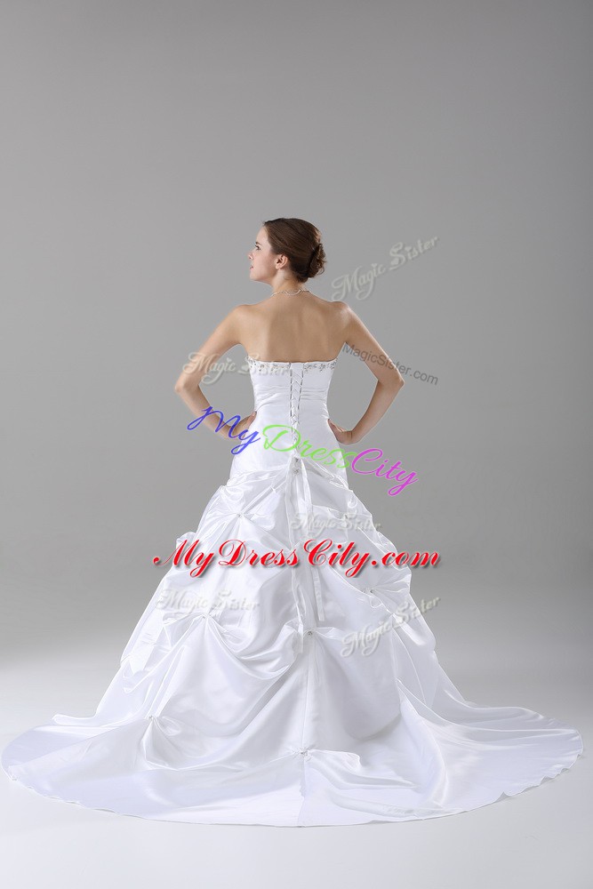 Edgy White Taffeta Lace Up Strapless Sleeveless Wedding Dress Brush Train Beading and Pick Ups