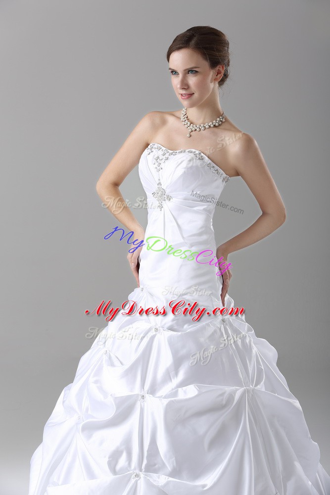 Edgy White Taffeta Lace Up Strapless Sleeveless Wedding Dress Brush Train Beading and Pick Ups