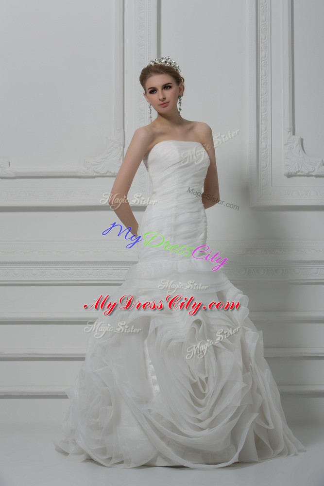 Ideal Strapless Sleeveless Fabric With Rolling Flowers Wedding Gowns Ruching Brush Train Lace Up