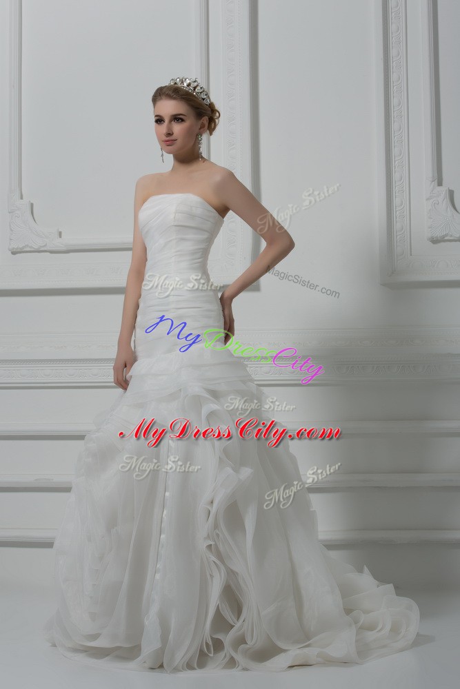 Ideal Strapless Sleeveless Fabric With Rolling Flowers Wedding Gowns Ruching Brush Train Lace Up