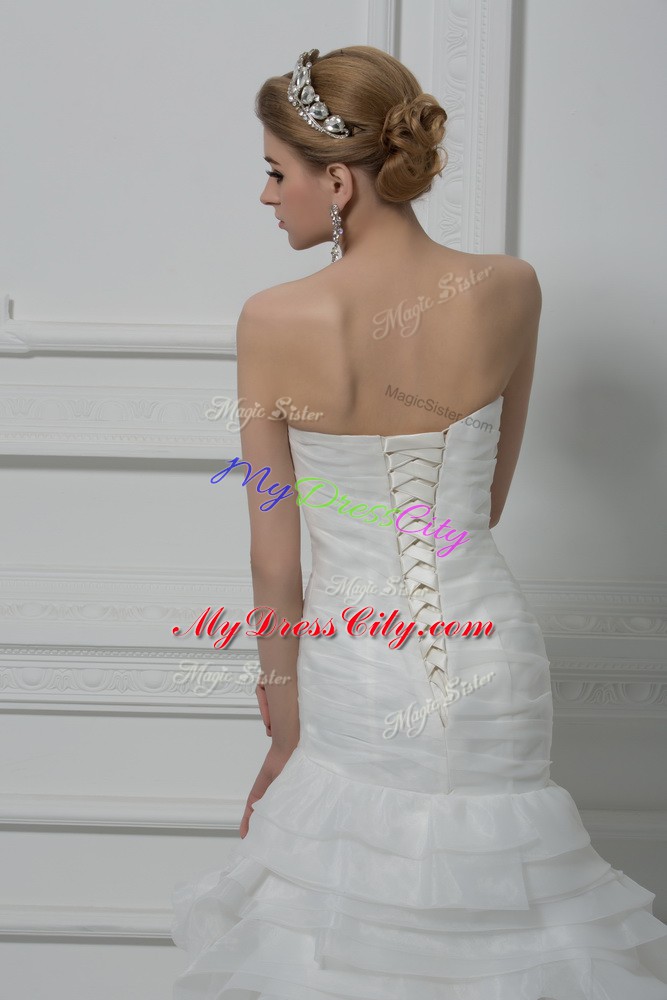 Ideal Strapless Sleeveless Fabric With Rolling Flowers Wedding Gowns Ruching Brush Train Lace Up