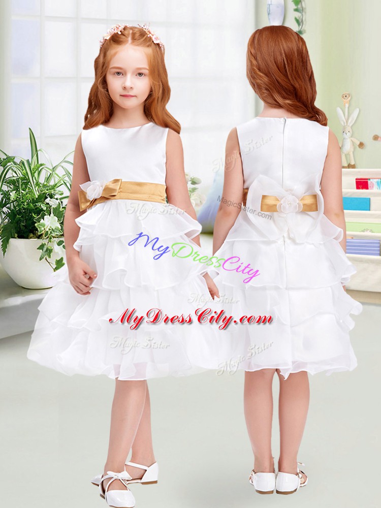 Sleeveless Knee Length Ruffled Layers and Bowknot Zipper Flower Girl Dress with White