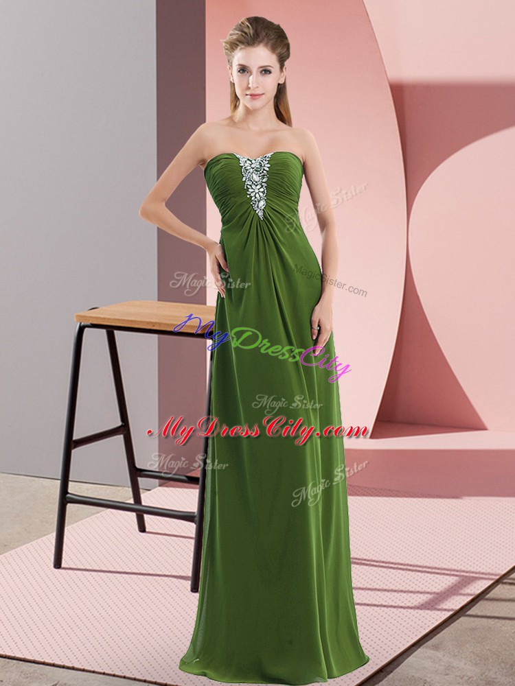 Modest Empire Evening Dress Olive Green Sweetheart Chiffon Sleeveless Floor Length Zipper