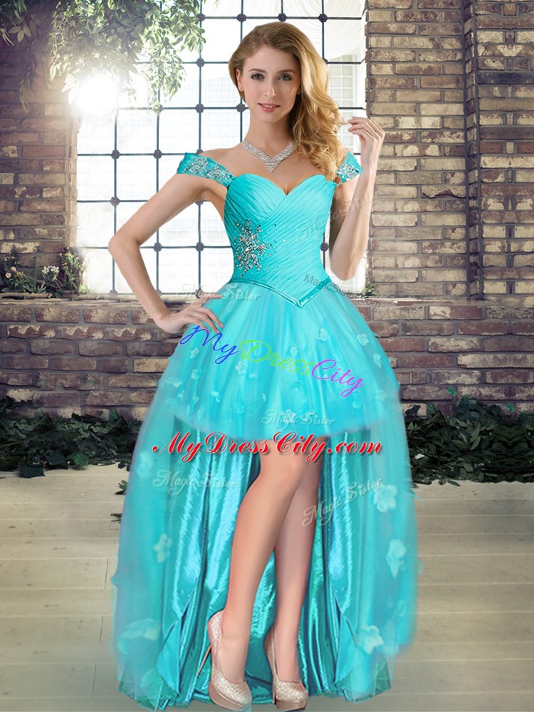 High Low Aqua Blue Dress for Prom Off The Shoulder Sleeveless Lace Up