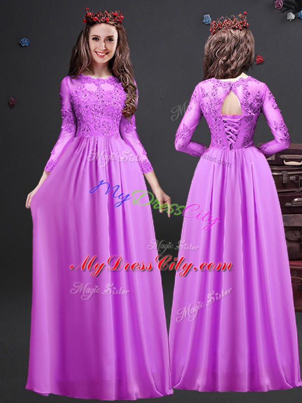 Long Sleeves Floor Length Appliques Lace Up Wedding Guest Dresses with Lilac