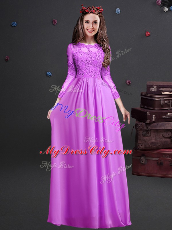 Long Sleeves Floor Length Appliques Lace Up Wedding Guest Dresses with Lilac