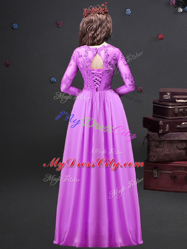 Long Sleeves Floor Length Appliques Lace Up Wedding Guest Dresses with Lilac