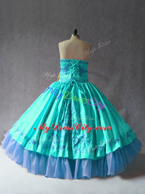 Low Price Aqua Blue Lace Up Quinceanera Gown Embroidery Sleeveless Floor Length