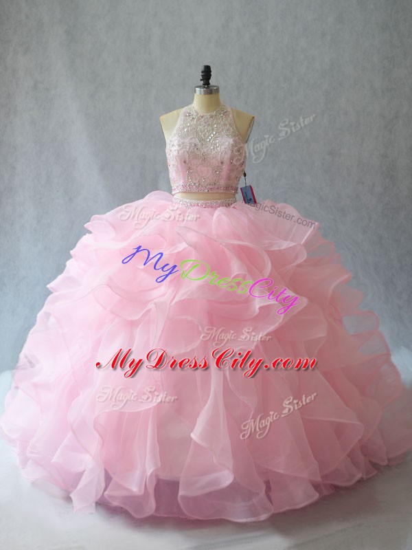 Eye-catching Baby Pink Backless Quinceanera Gown Beading and Ruffles Sleeveless Brush Train