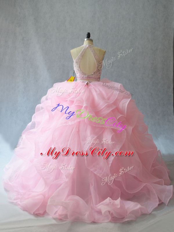 Eye-catching Baby Pink Backless Quinceanera Gown Beading and Ruffles Sleeveless Brush Train