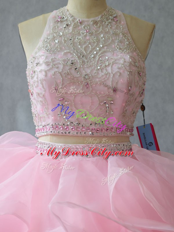 Eye-catching Baby Pink Backless Quinceanera Gown Beading and Ruffles Sleeveless Brush Train