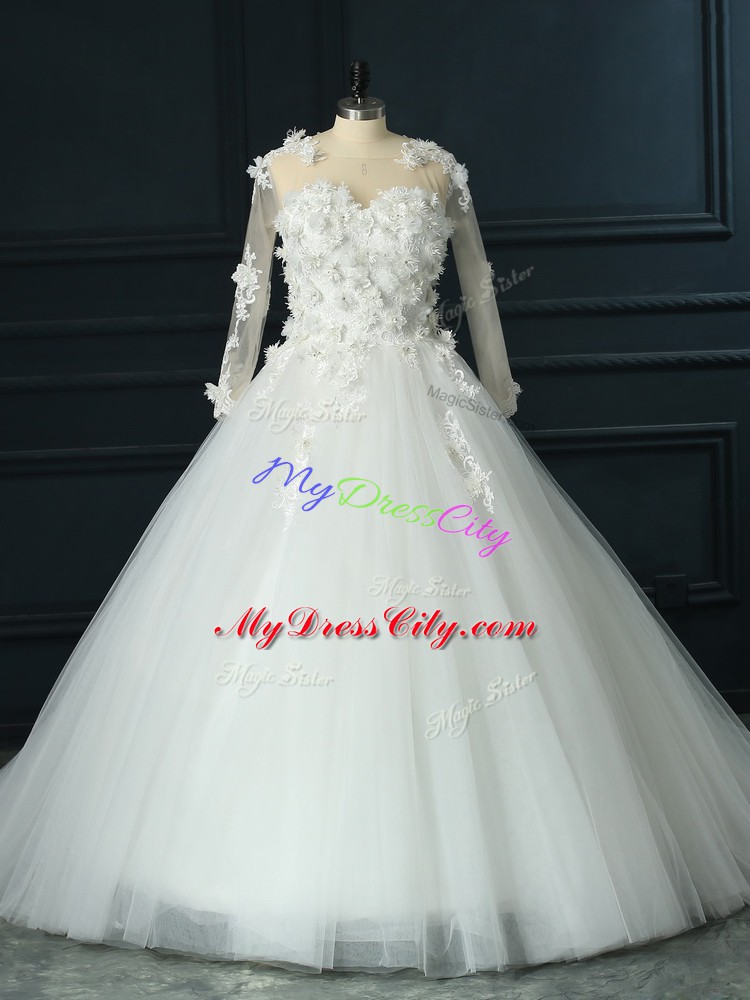 Tulle Scoop 3 4 Length Sleeve Court Train Lace Up Lace and Appliques Wedding Gowns in White