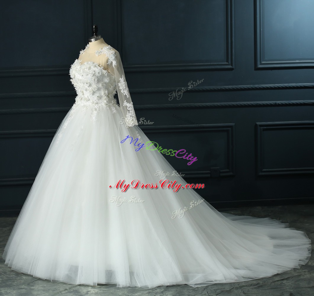 Tulle Scoop 3 4 Length Sleeve Court Train Lace Up Lace and Appliques Wedding Gowns in White