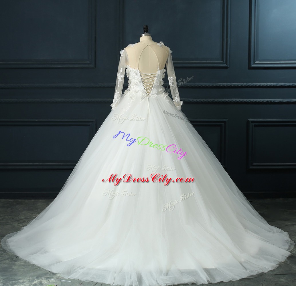 Tulle Scoop 3 4 Length Sleeve Court Train Lace Up Lace and Appliques Wedding Gowns in White