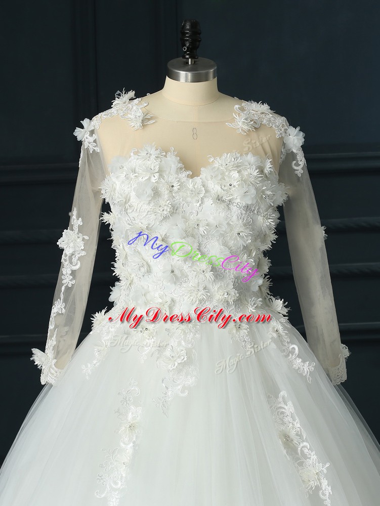 Tulle Scoop 3 4 Length Sleeve Court Train Lace Up Lace and Appliques Wedding Gowns in White