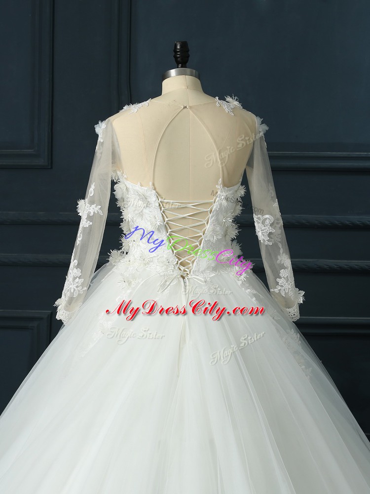 Tulle Scoop 3 4 Length Sleeve Court Train Lace Up Lace and Appliques Wedding Gowns in White