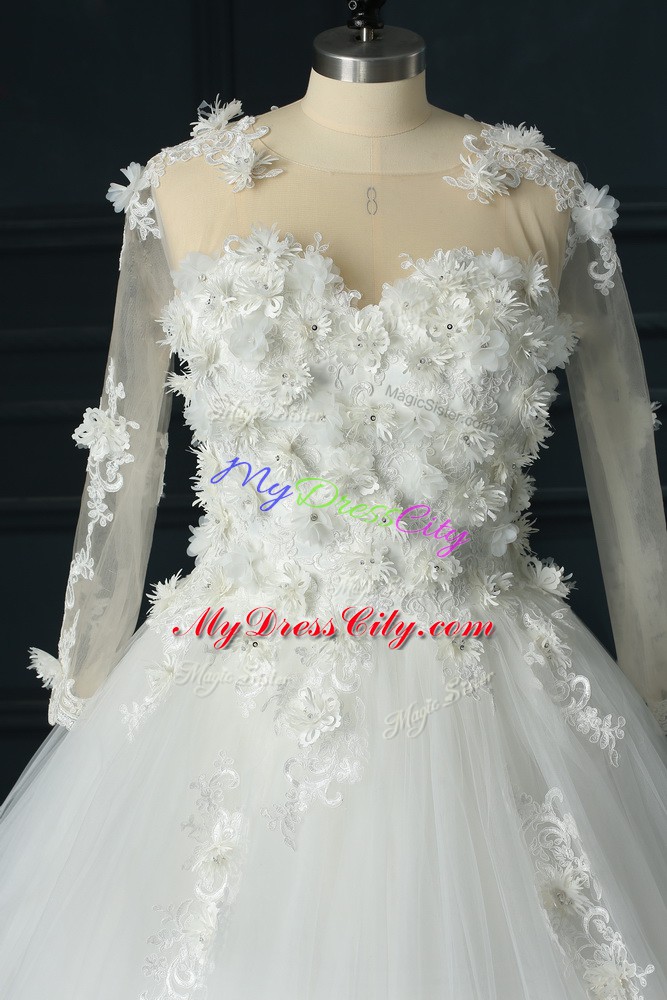 Tulle Scoop 3 4 Length Sleeve Court Train Lace Up Lace and Appliques Wedding Gowns in White