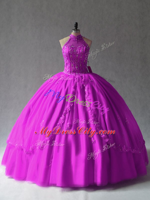 Floor Length Lace Up Quinceanera Dress Fuchsia for Sweet 16 and Quinceanera with Appliques