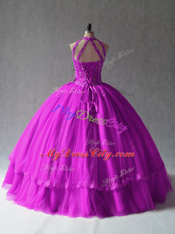 Floor Length Lace Up Quinceanera Dress Fuchsia for Sweet 16 and Quinceanera with Appliques