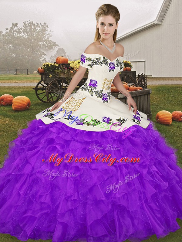 Superior Sleeveless Organza Floor Length Lace Up Quince Ball Gowns in Purple with Embroidery and Ruffles