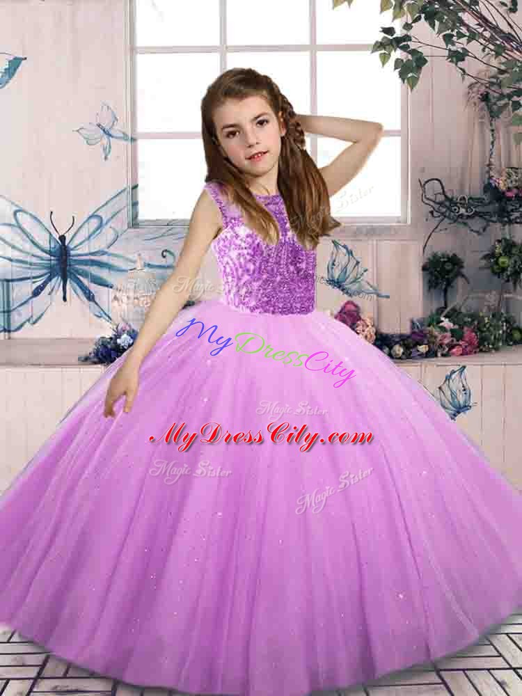 Lilac Little Girl Pageant Gowns Party and Wedding Party with Beading Bateau Sleeveless Lace Up