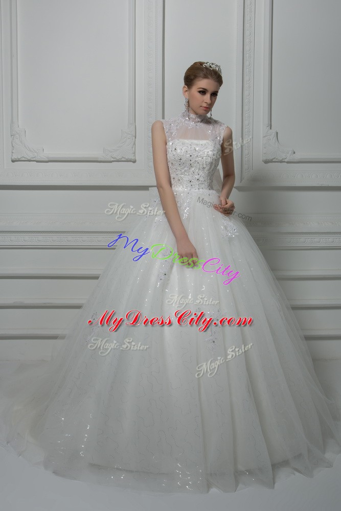 Cheap White Tulle Lace Up High-neck Sleeveless Bridal Gown Brush Train Beading and Lace and Bowknot