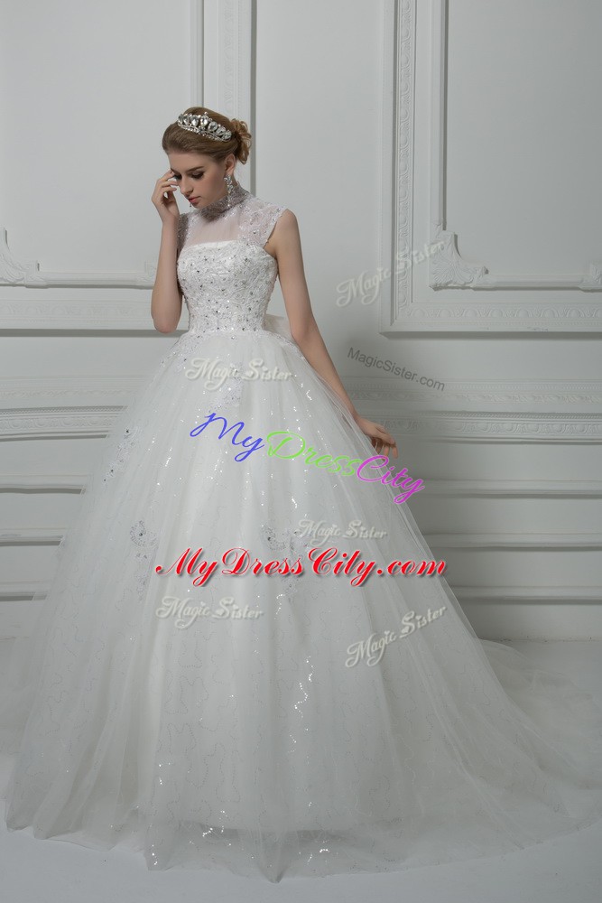 Cheap White Tulle Lace Up High-neck Sleeveless Bridal Gown Brush Train Beading and Lace and Bowknot