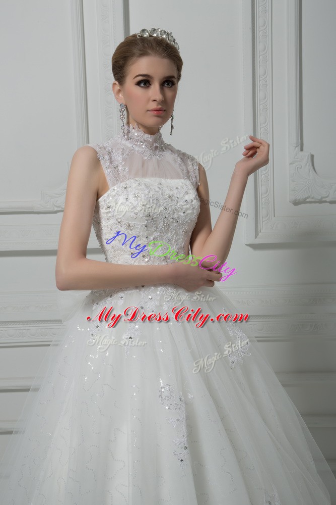 Cheap White Tulle Lace Up High-neck Sleeveless Bridal Gown Brush Train Beading and Lace and Bowknot