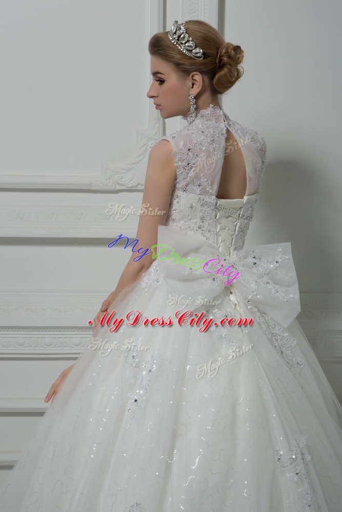 Cheap White Tulle Lace Up High-neck Sleeveless Bridal Gown Brush Train Beading and Lace and Bowknot